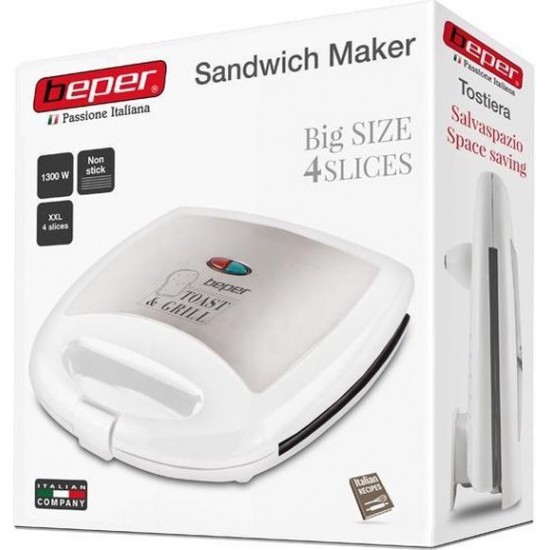 Beper 90.620 Sandwichtoaster 1300 Watt 4 sandwiches zilver-wit